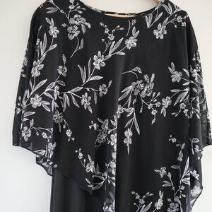 Layered floral print midi cape dress, black, M - elegant mature feminine formal